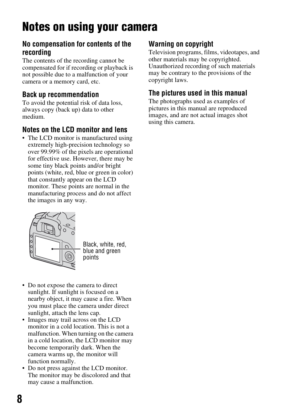 Notes on using your camera | Sony DSLR-A200K User Manual | Page 8 / 158