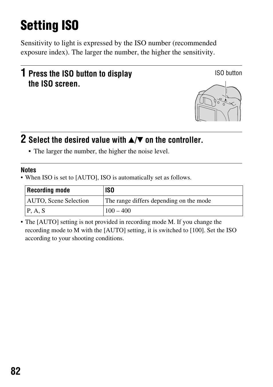 Setting iso, N (82) | Sony DSLR-A200K User Manual | Page 82 / 158