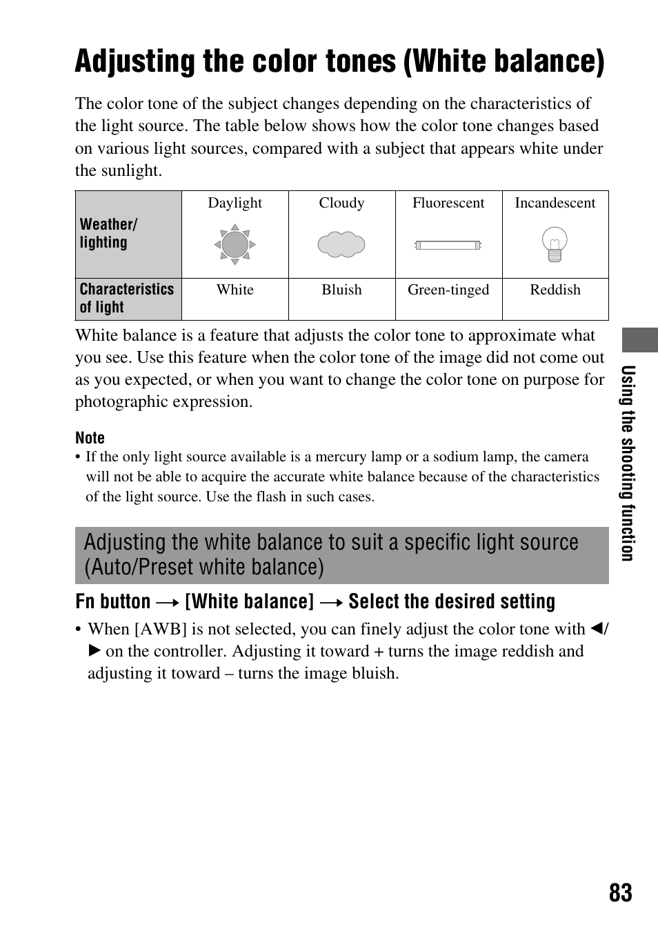 Adjusting the color tones (white balance), Auto/preset white balance) | Sony DSLR-A200K User Manual | Page 83 / 158