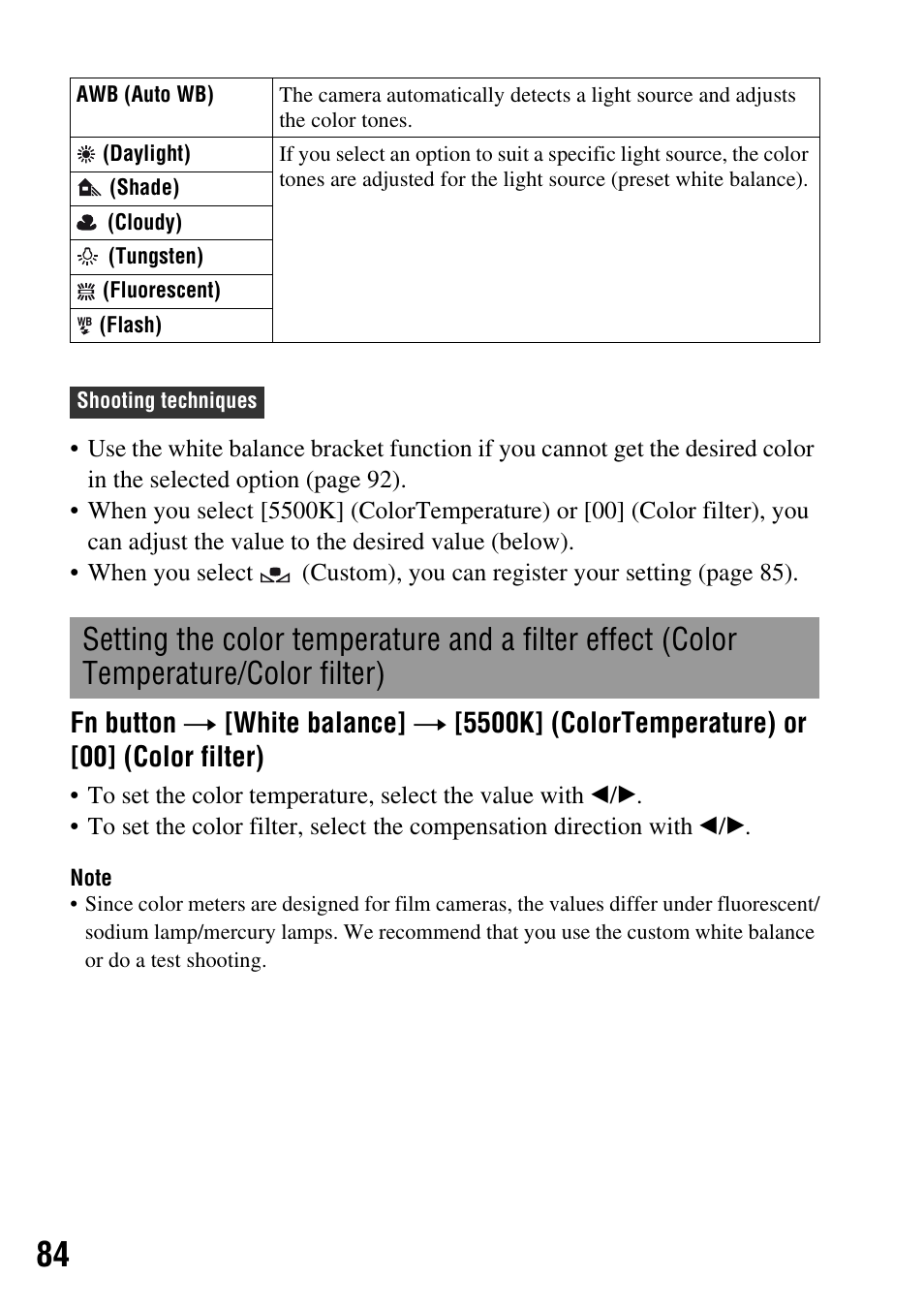 Temperature/color filter) | Sony DSLR-A200K User Manual | Page 84 / 158