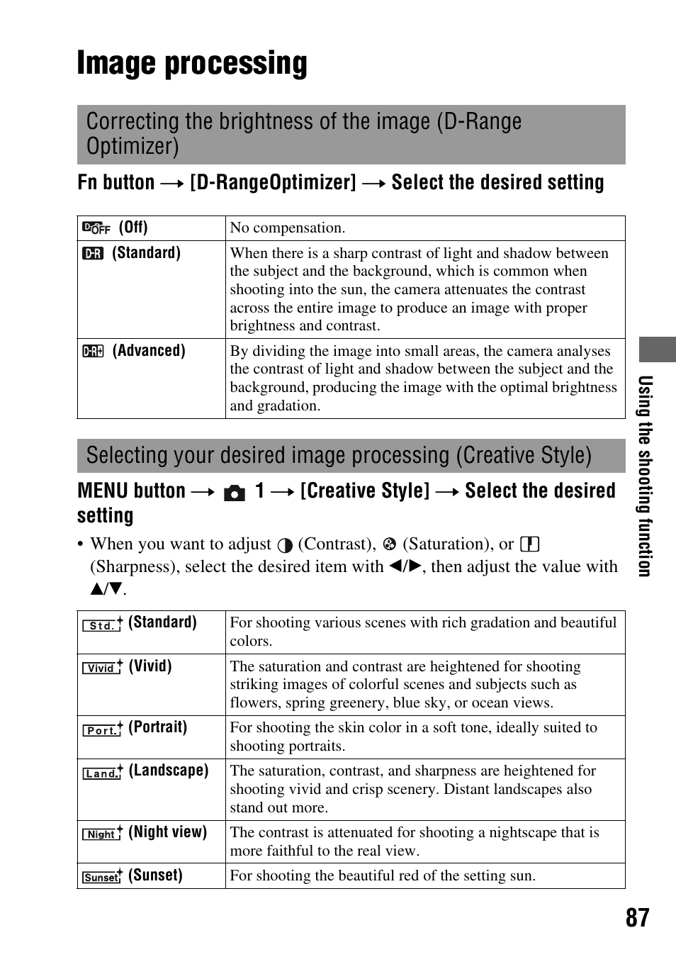 Image processing, Correcting the brightness of the image (d-range, Optimizer) | E (87), Zer (87) | Sony DSLR-A200K User Manual | Page 87 / 158