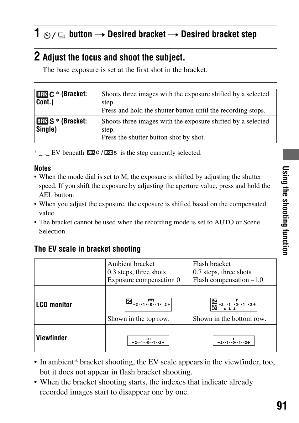 Button t desired bracket t desired bracket step, Adjust the focus and shoot the subject | Sony DSLR-A200K User Manual | Page 91 / 158