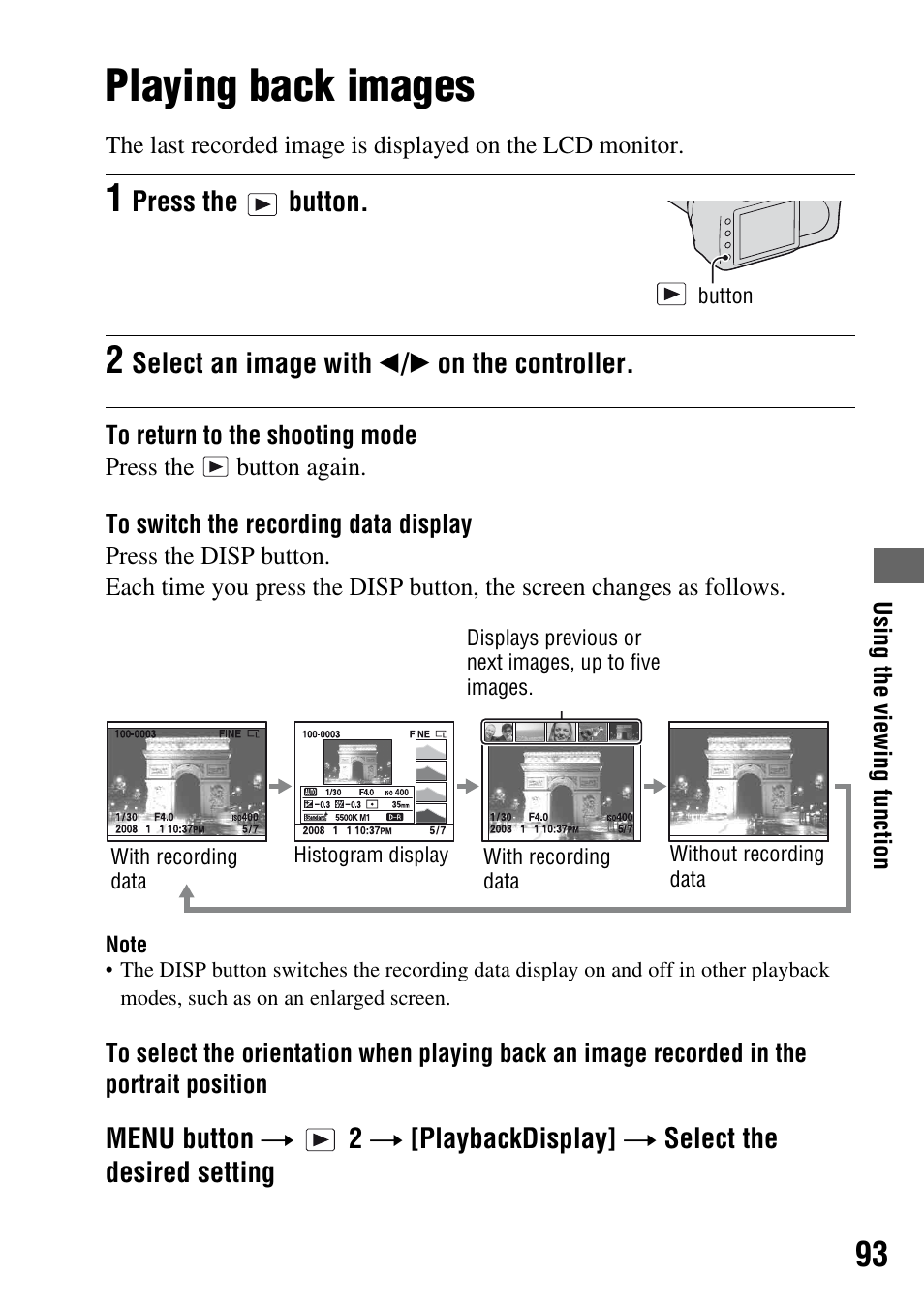 Using the viewing function, Playing back images, Tton (93) | Lay (93) | Sony DSLR-A200K User Manual | Page 93 / 158