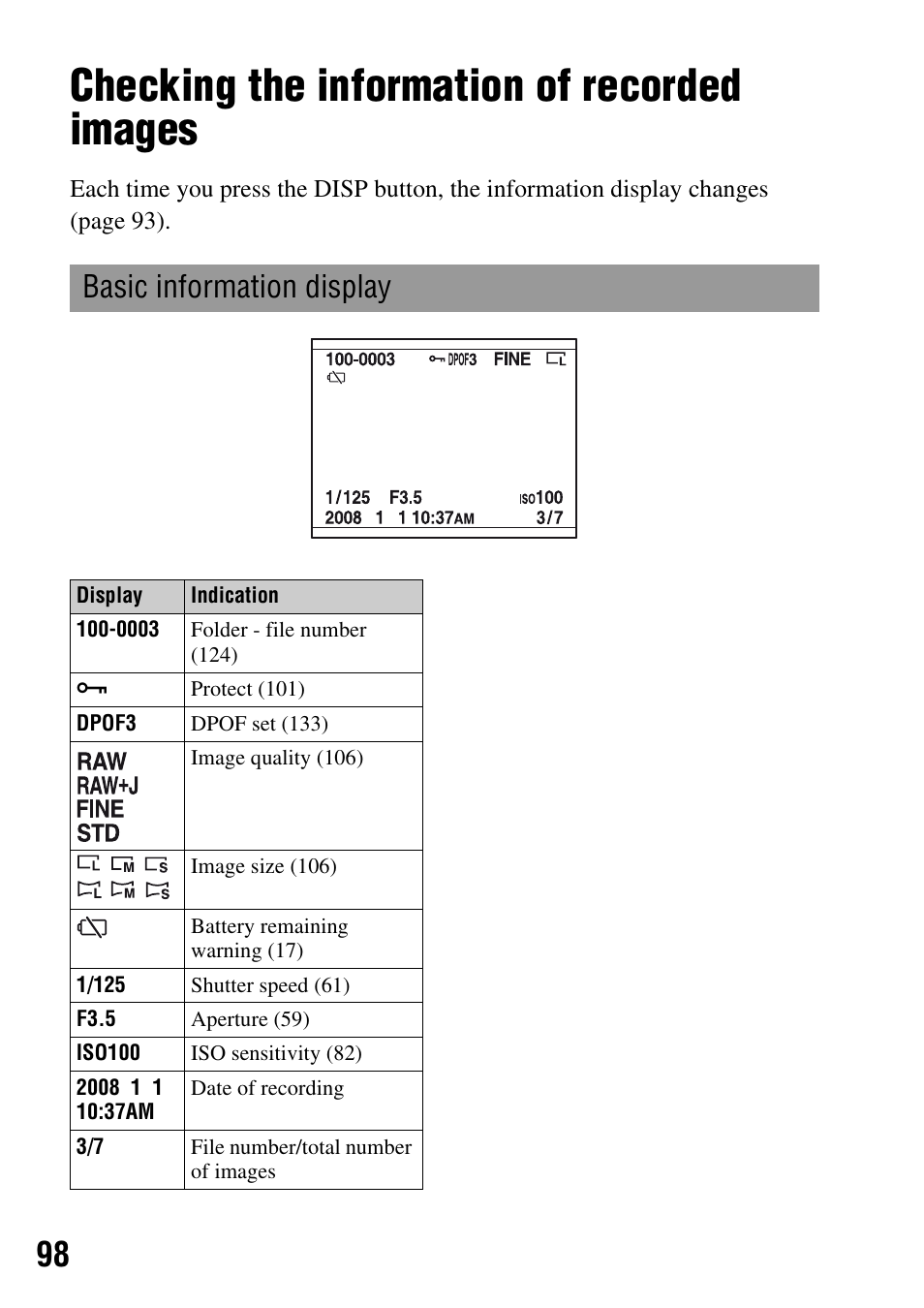 Checking the information of recorded images, Basic information display | Sony DSLR-A200K User Manual | Page 98 / 158