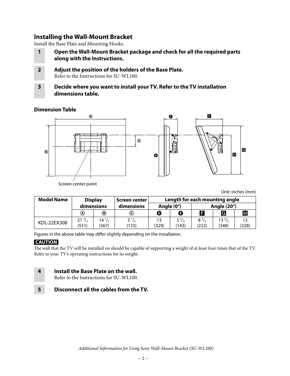Installing the wall-mount bracket | Sony KDL-22EX308 User Manual | Page 2 / 5