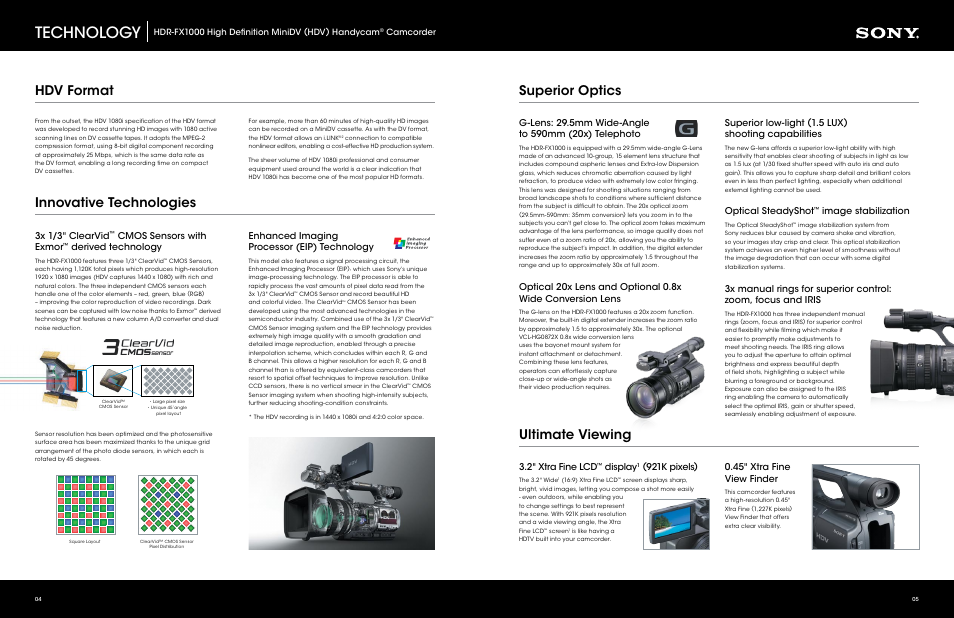 Technology, Hdv format superior optics innovative technologies, Ultimate viewing | X 1/" clearvid, Cmos sensors with exmor, Derived technology, Enhanced imaging processor (eip) technology, G-lens: 9.mm wide-angle to 90mm (0x) telephoto, Superior low-light (1. lux) shooting capabilities, Optical steadyshot | Sony HDR-FX1000 User Manual | Page 3 / 7