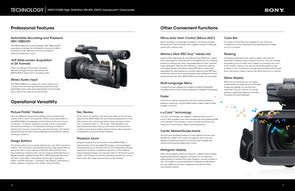 Other convenient functions operational versatility, Professional features, Picture profile | Feature, Assign buttons, Minus auto gain control (minus agc), Media slot, Multi-language menu, Fader, X.v.color | Sony HDR-FX1000 User Manual | Page 6 / 7