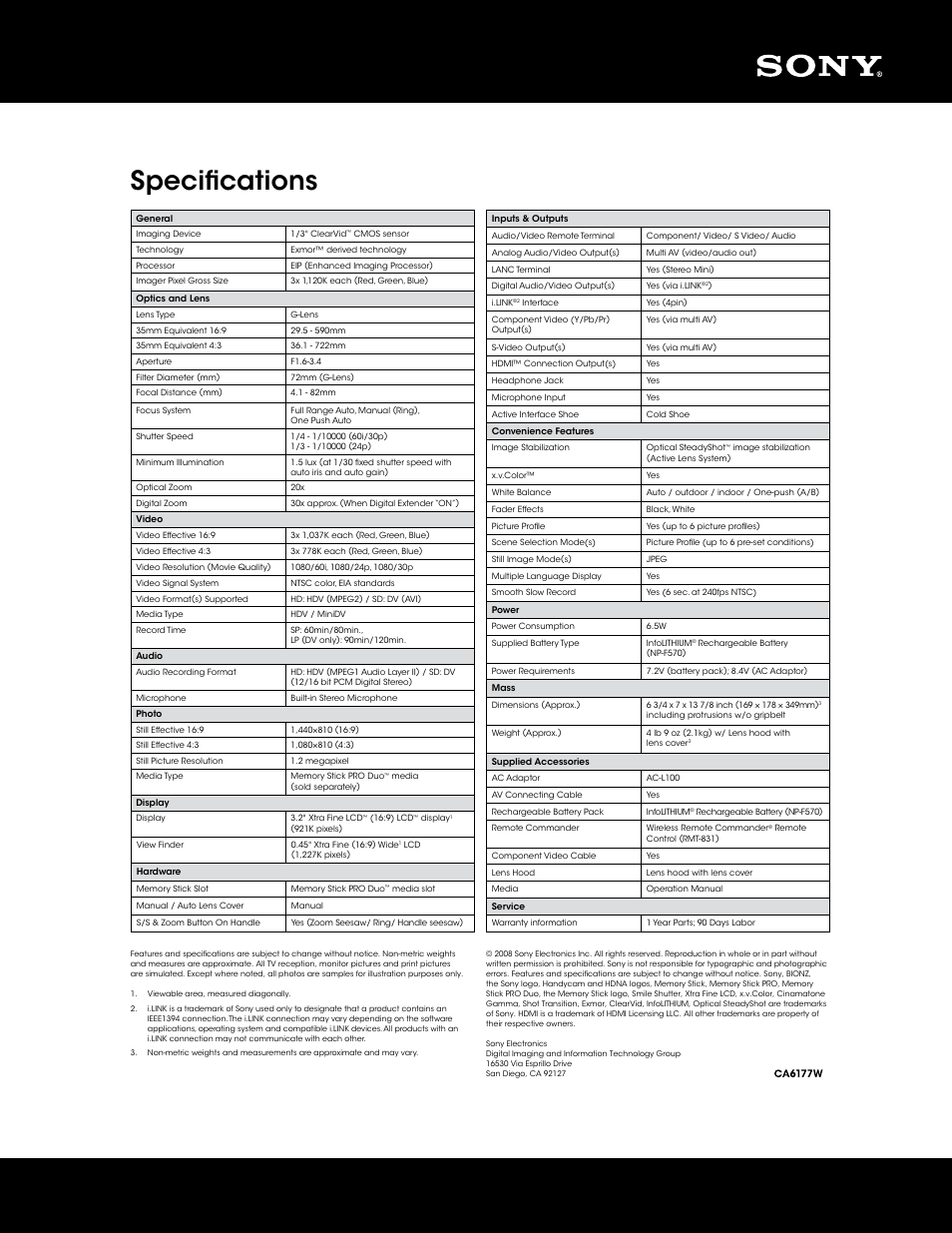 Specifications, Ca6472w | Sony HDR-FX1000 User Manual | Page 7 / 7