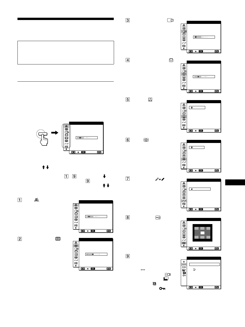 Personalizzazione del monitor, Come spostarsi all’interno del menu, Nu) (pagine 11 | Sony SDM-S91 User Manual | Page 91 / 108