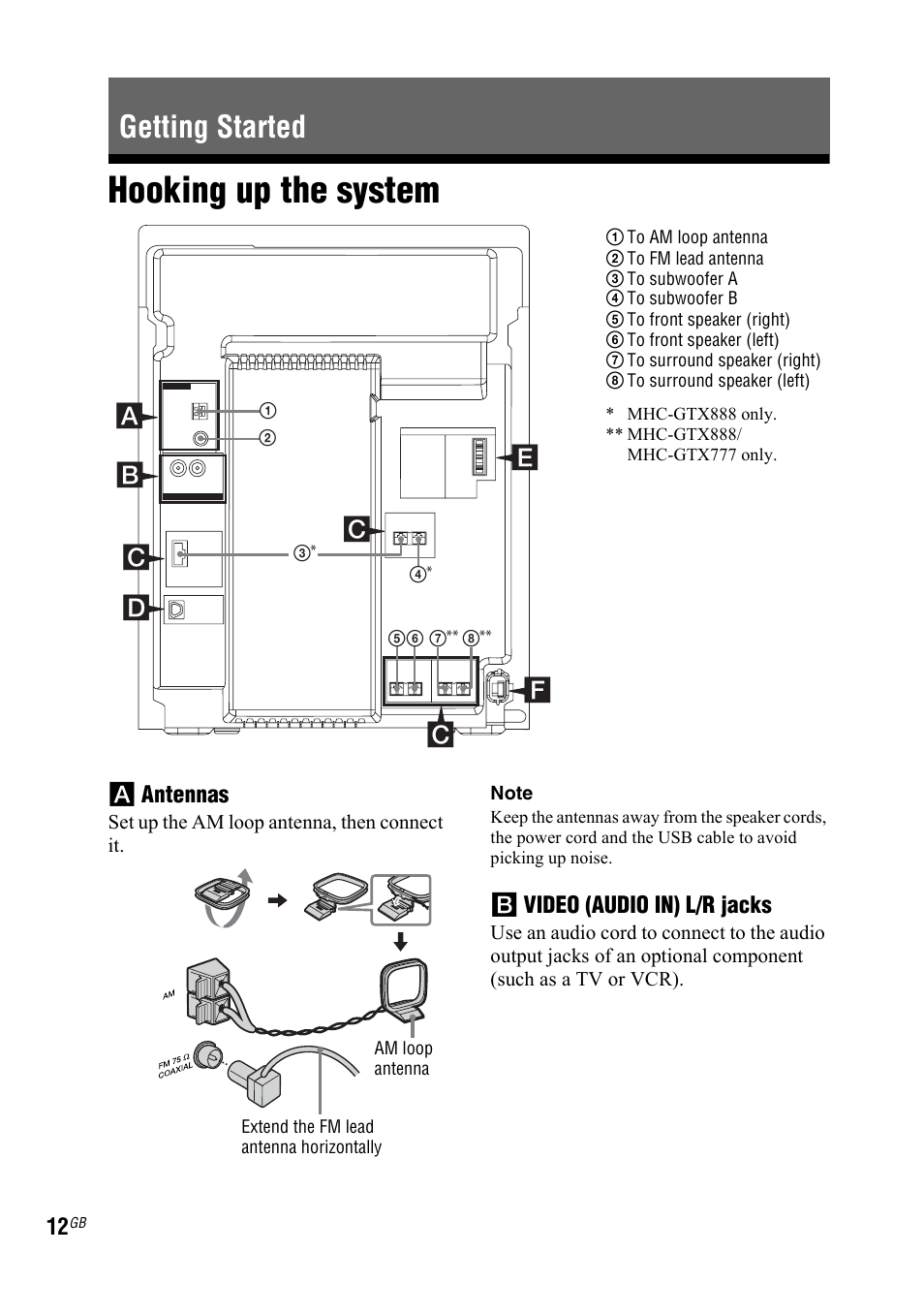 Getting started, Hooking up the system | Sony LBT-ZTX7 User Manual | Page 12 / 60