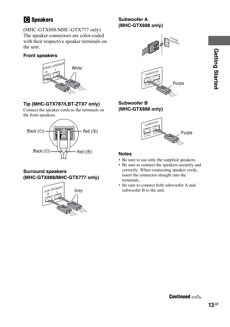 Getting star ted c speakers, Continued | Sony LBT-ZTX7 User Manual | Page 13 / 60