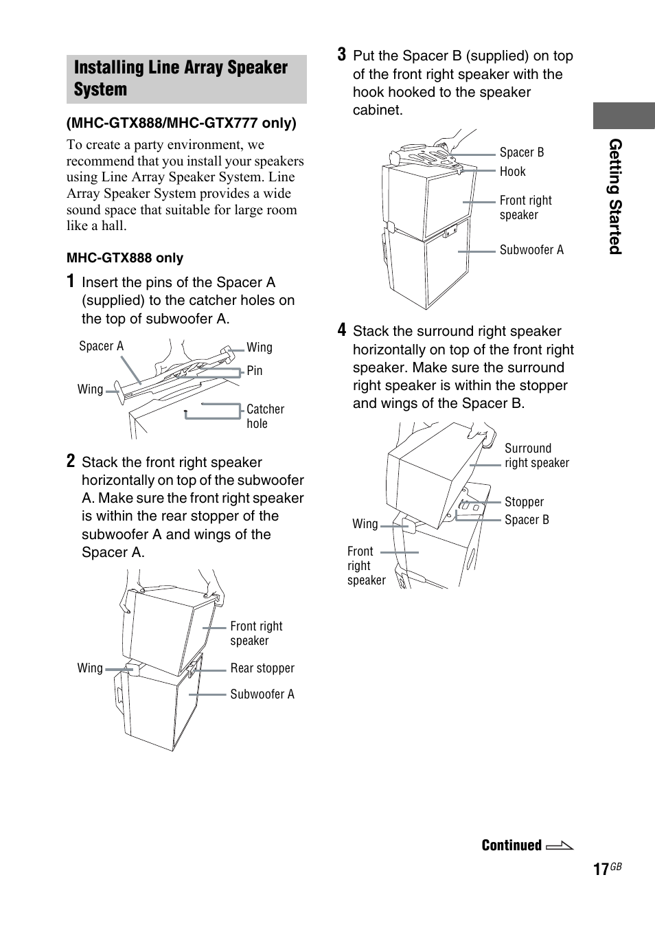 Installing line array speaker system | Sony LBT-ZTX7 User Manual | Page 17 / 60