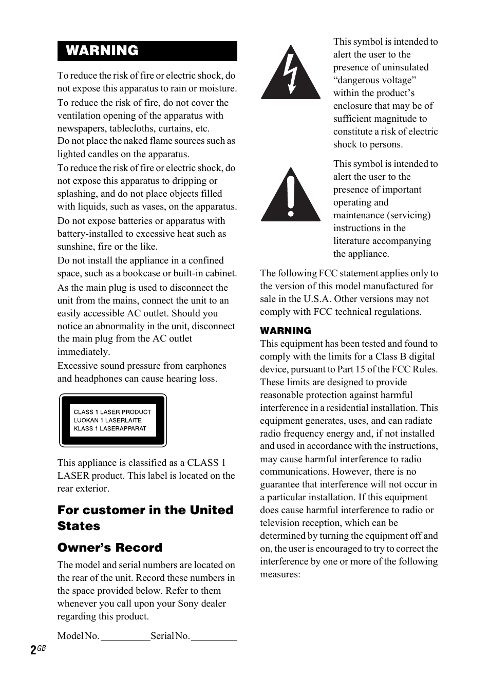 Warning | Sony LBT-ZTX7 User Manual | Page 2 / 60