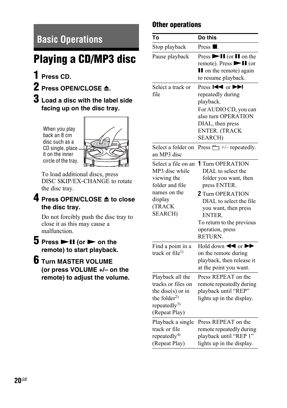 Basic operations, Playing a cd/mp3 disc, Playing a cd/mp3 disc 1 | Sony LBT-ZTX7 User Manual | Page 20 / 60