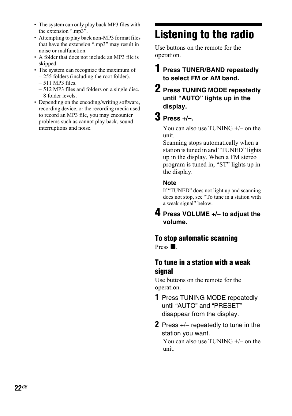 Listening to the radio | Sony LBT-ZTX7 User Manual | Page 22 / 60