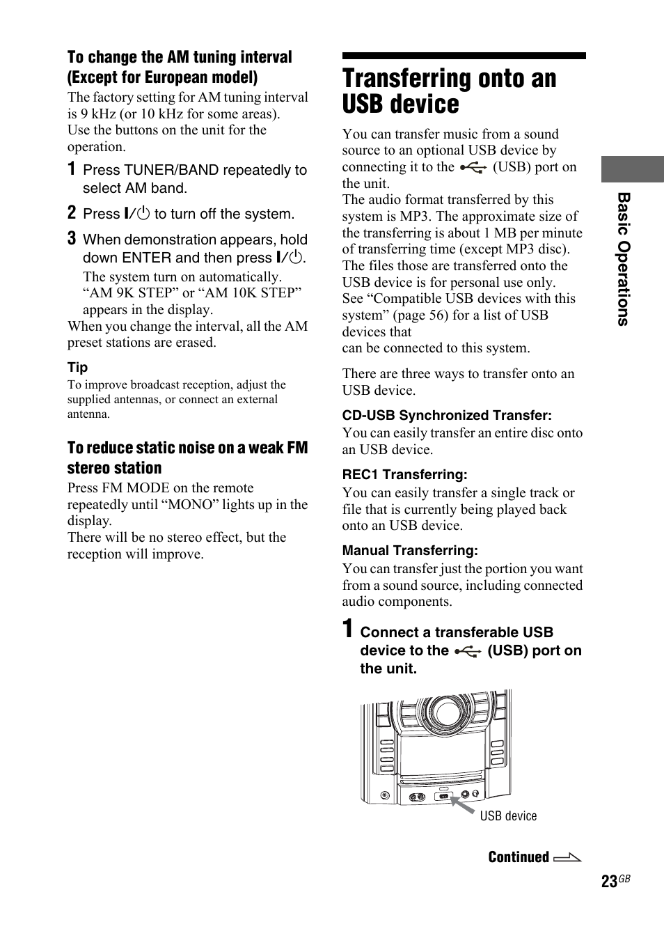 Transferring onto an usb device, Transferring onto an usb, Device | Sony LBT-ZTX7 User Manual | Page 23 / 60