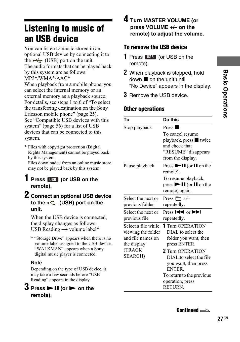 Listening to music of an usb device, Listening to music of an usb, Device | Sony LBT-ZTX7 User Manual | Page 27 / 60