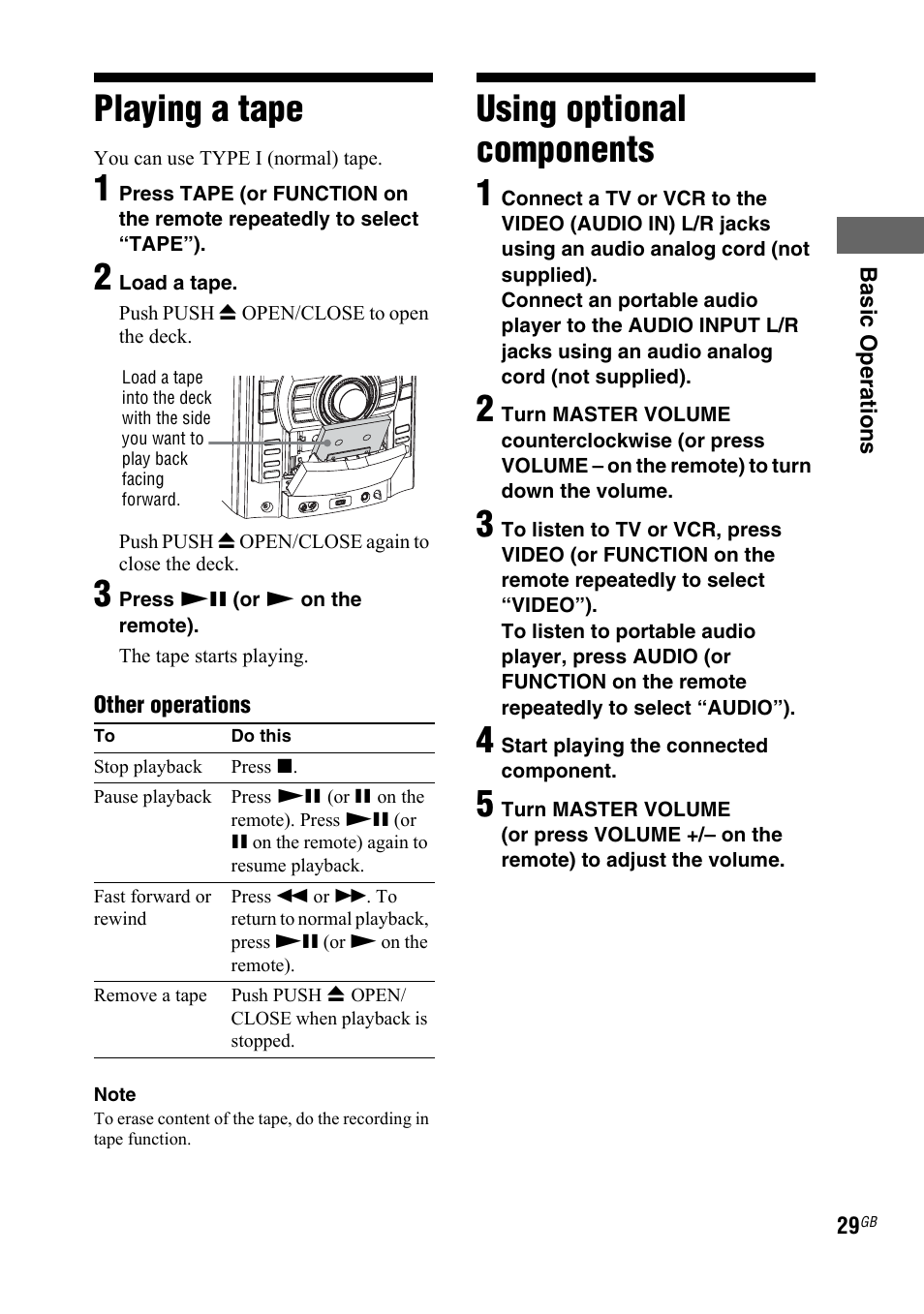 Playing a tape, Using optional components, Playing a tape using optional components | Using optional components 1 | Sony LBT-ZTX7 User Manual | Page 29 / 60