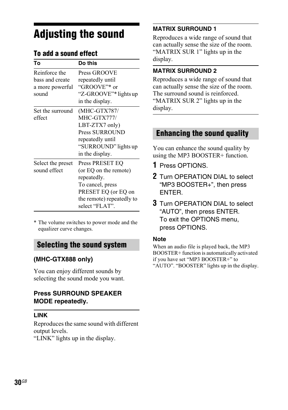 Adjusting the sound | Sony LBT-ZTX7 User Manual | Page 30 / 60