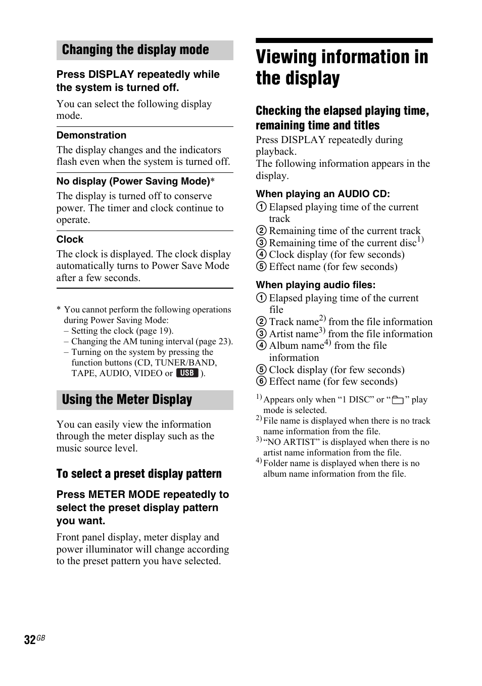 Viewing information in the display, Viewing information in the, Display | Changing the display mode using the meter display | Sony LBT-ZTX7 User Manual | Page 32 / 60