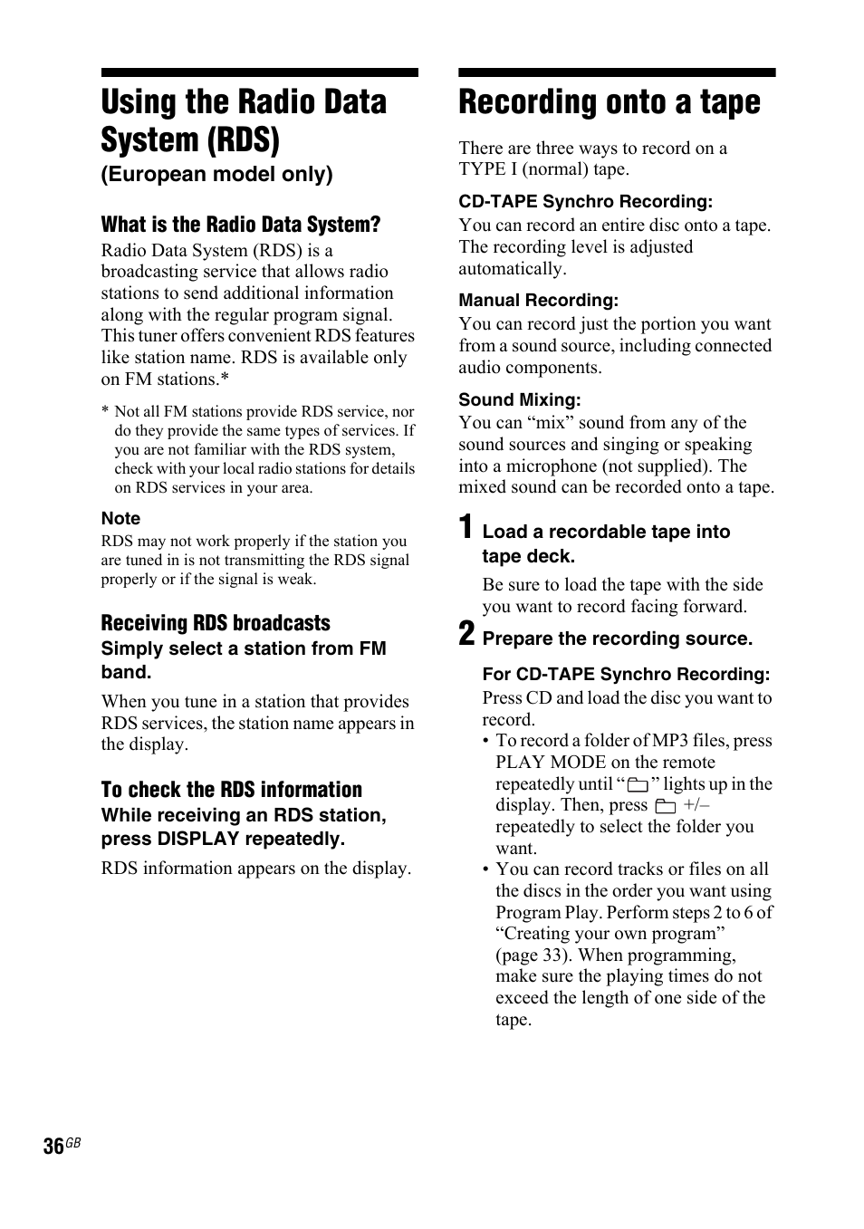 Using the radio data system (rds), European model only), Recording onto a tape | Using the radio data system, Rds) | Sony LBT-ZTX7 User Manual | Page 36 / 60