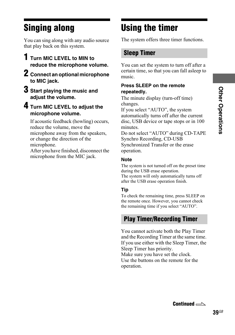 Singing along, Using the timer, Singing along using the timer | Sony LBT-ZTX7 User Manual | Page 39 / 60