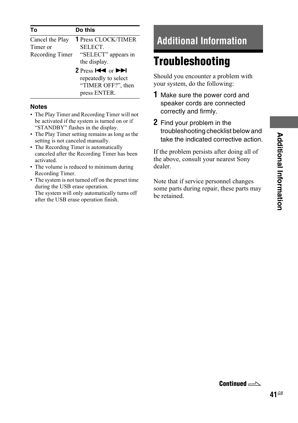 Additional information, Troubleshooting | Sony LBT-ZTX7 User Manual | Page 41 / 60