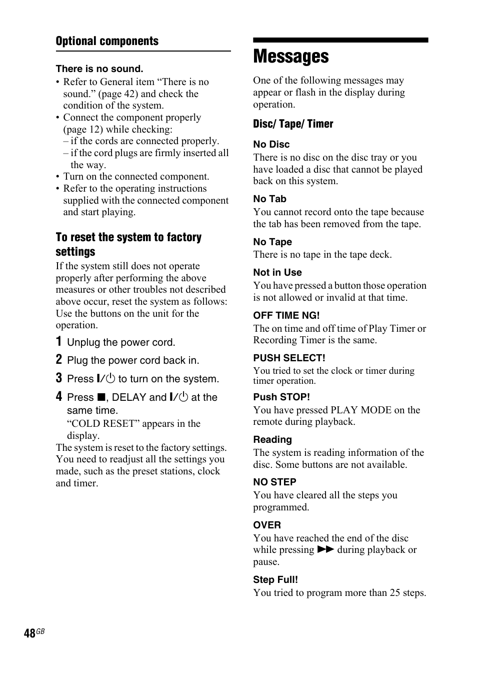 Messages | Sony LBT-ZTX7 User Manual | Page 48 / 60