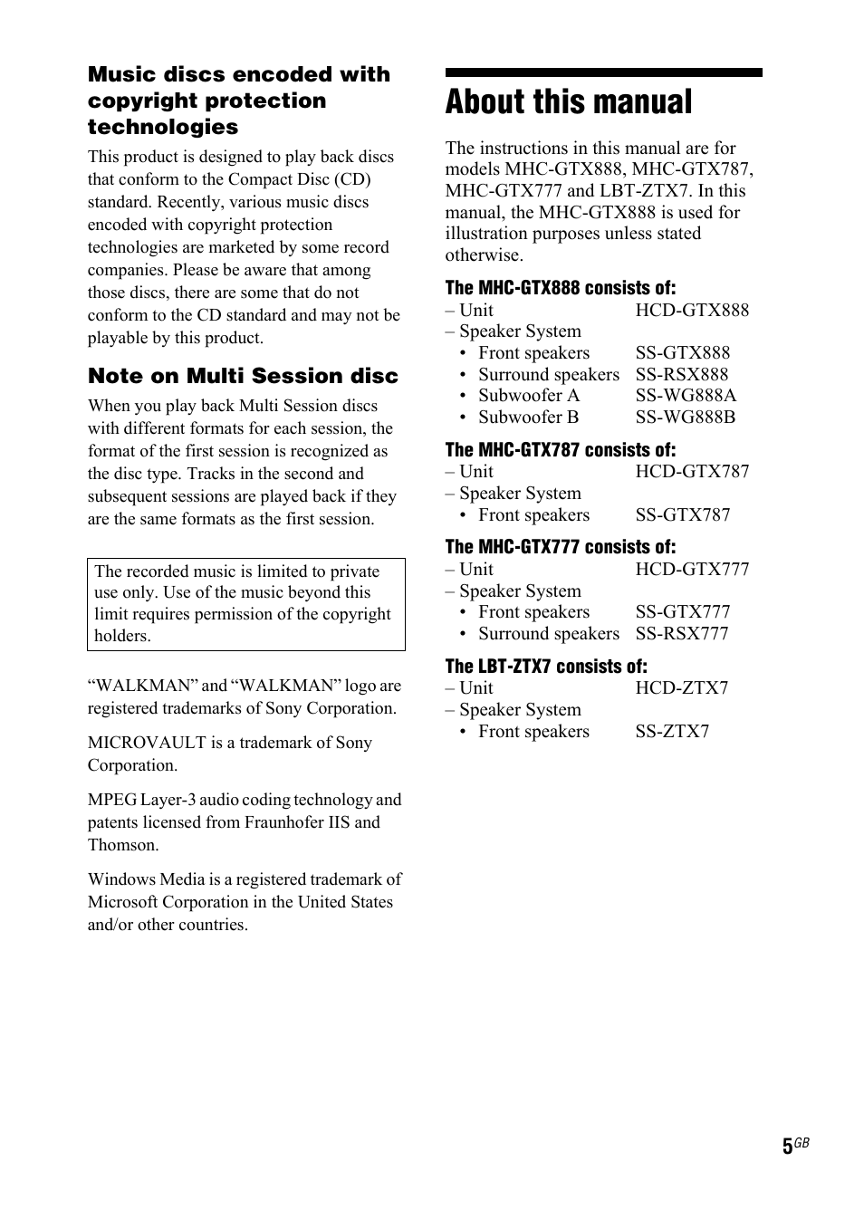 About this manual | Sony LBT-ZTX7 User Manual | Page 5 / 60