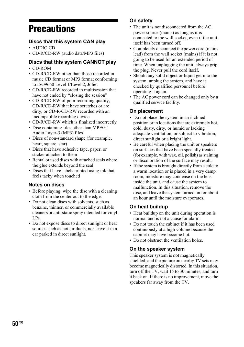 Precautions | Sony LBT-ZTX7 User Manual | Page 50 / 60