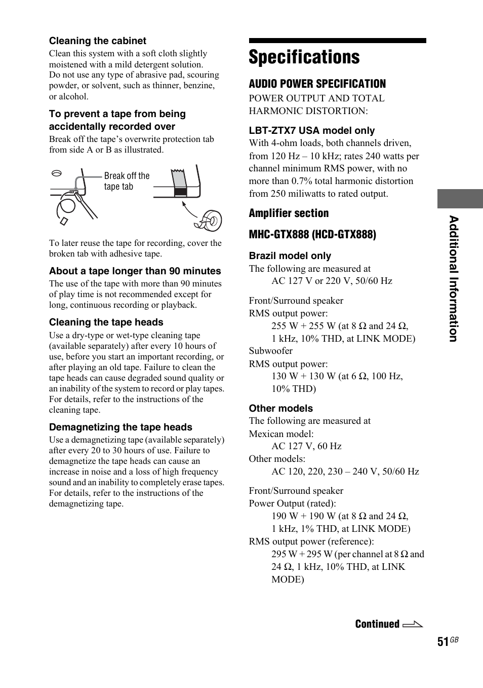 Specifications, Rty (see “cleaning | Sony LBT-ZTX7 User Manual | Page 51 / 60