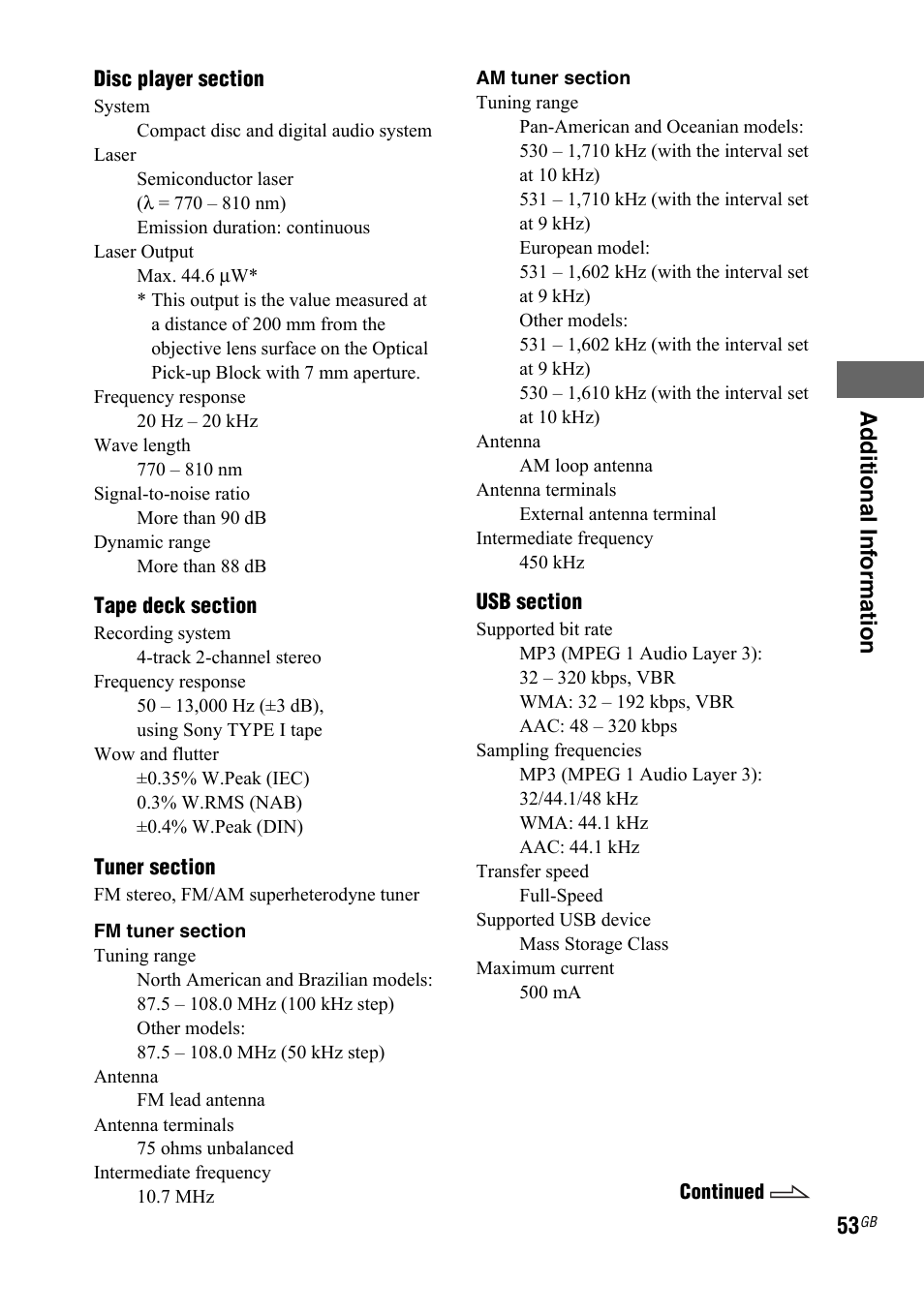 Ad ditional inf o rmation | Sony LBT-ZTX7 User Manual | Page 53 / 60