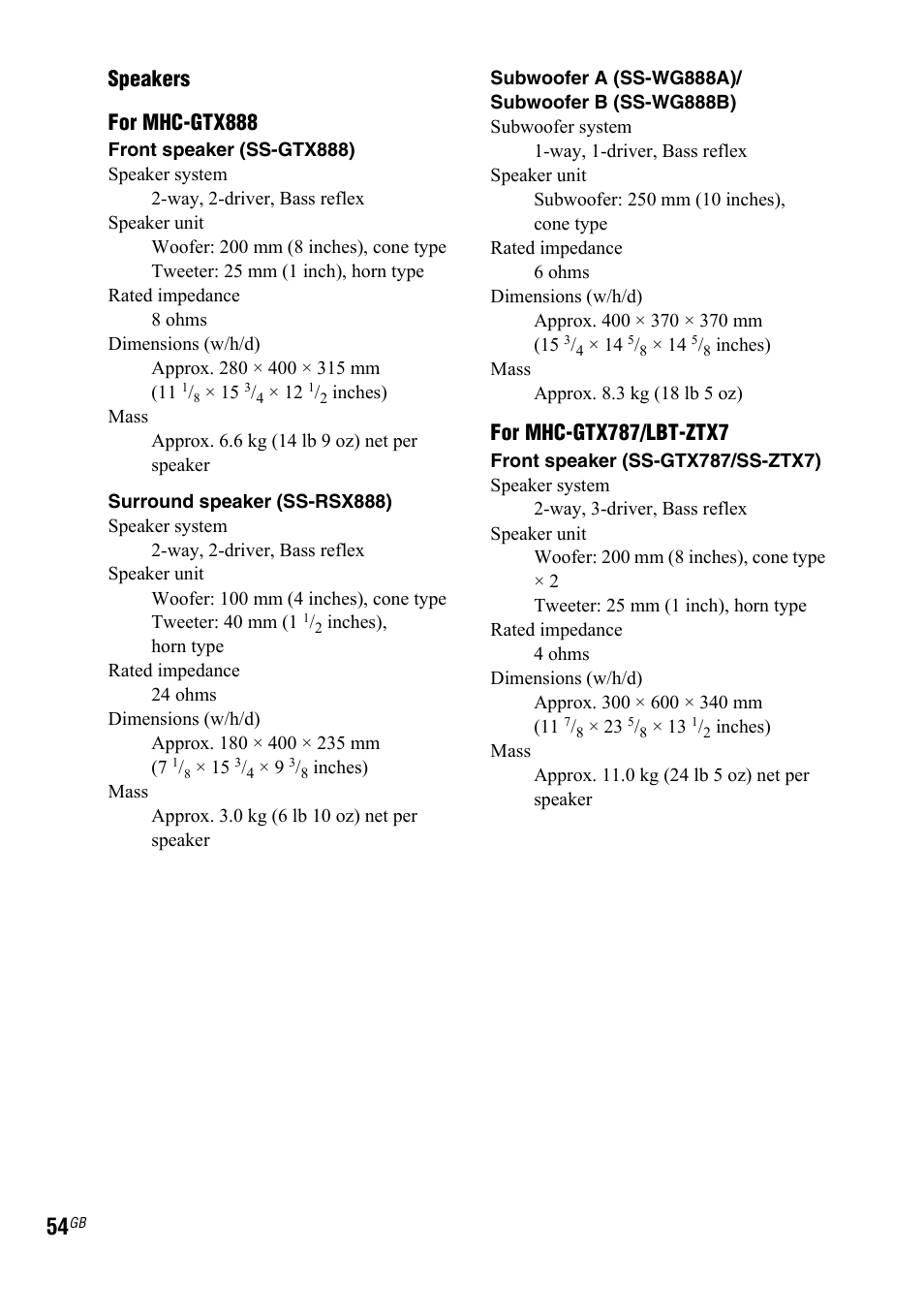 Speakers for mhc-gtx888, For mhc-gtx787/lbt-ztx7 | Sony LBT-ZTX7 User Manual | Page 54 / 60