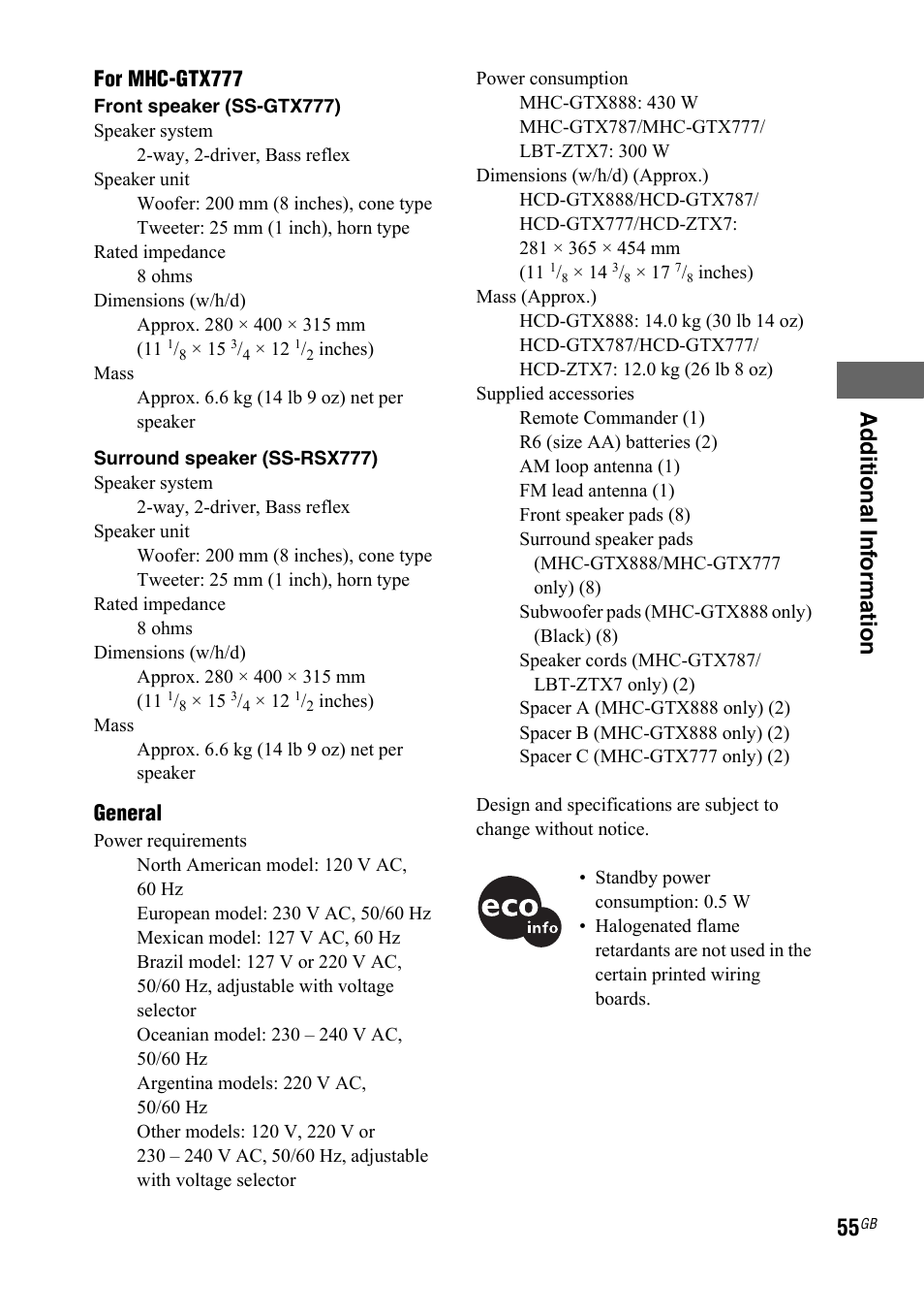 Ad ditional inf o rmation, For mhc-gtx777, General | Sony LBT-ZTX7 User Manual | Page 55 / 60