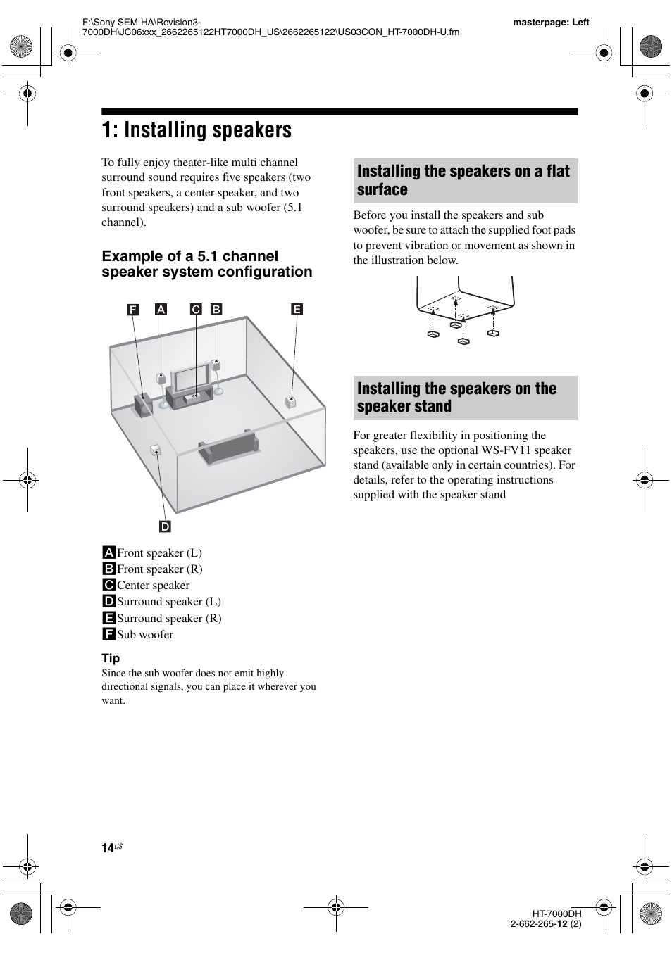 Installing speakers | Sony HT-7000DH User Manual | Page 14 / 84