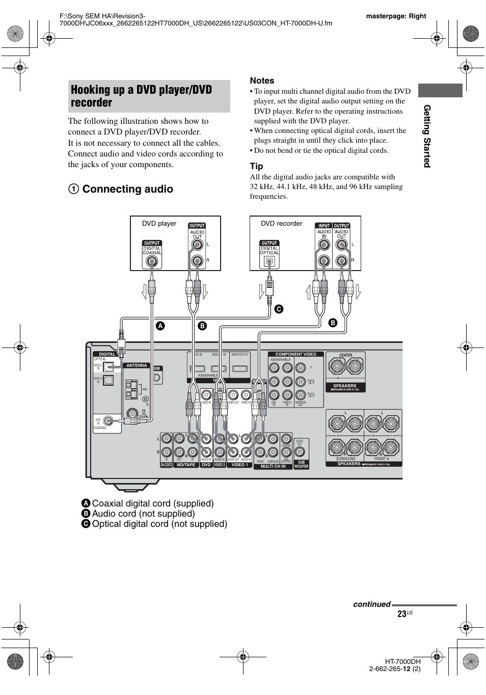 Hooking up a dvd player/dvd recorder, 1connecting audio, Continued | Dvd player, Dvd recorder | Sony HT-7000DH User Manual | Page 23 / 84