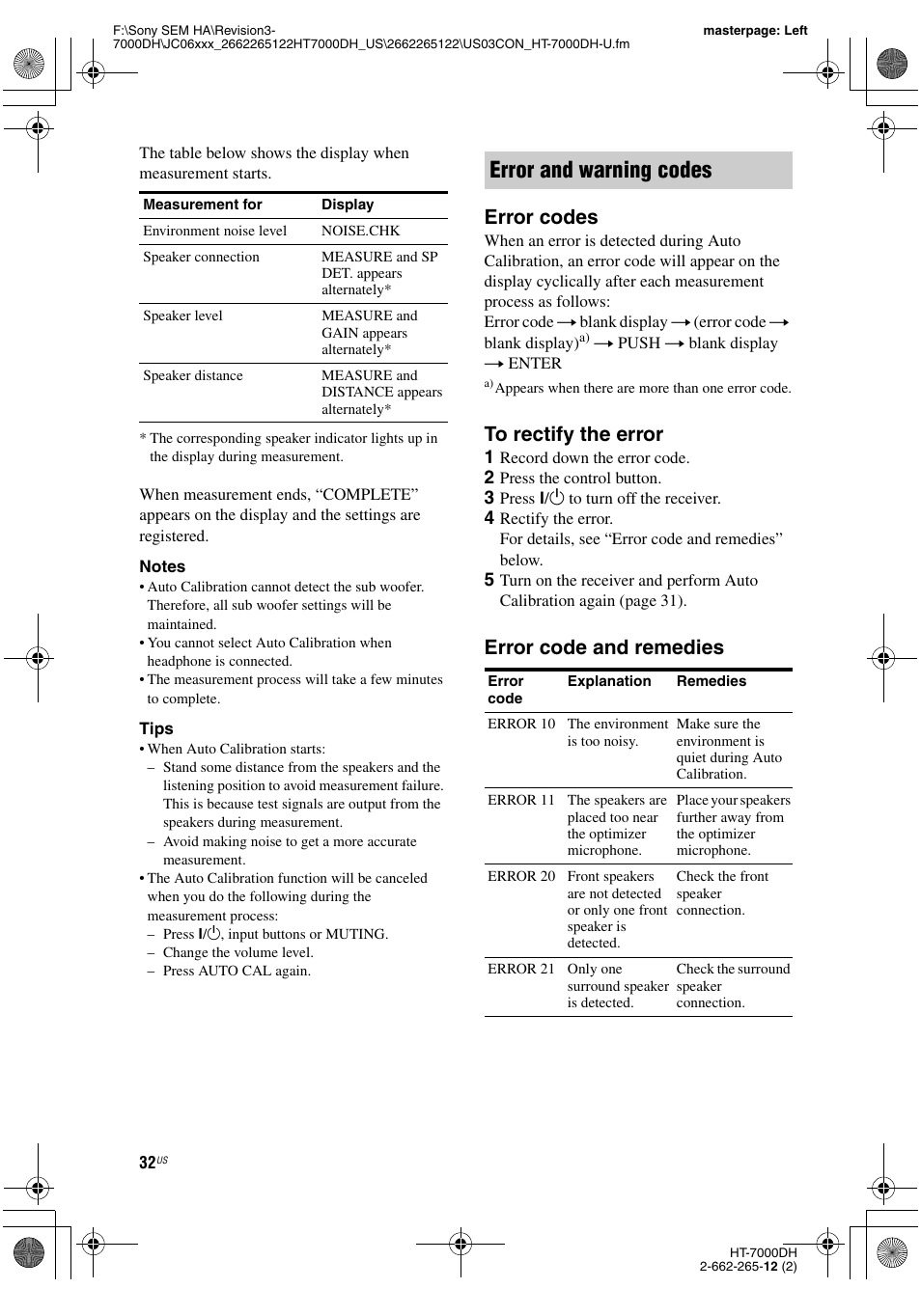 Error and warning codes, Error codes, Error code and remedies | Sony HT-7000DH User Manual | Page 32 / 84