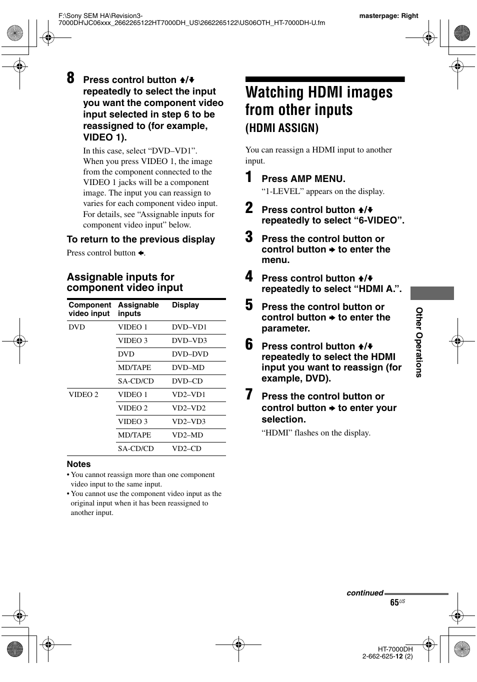 Watching hdmi images from other, Inputs (hdmi assign), Watching hdmi images from other inputs | Hdmi assign) | Sony HT-7000DH User Manual | Page 65 / 84