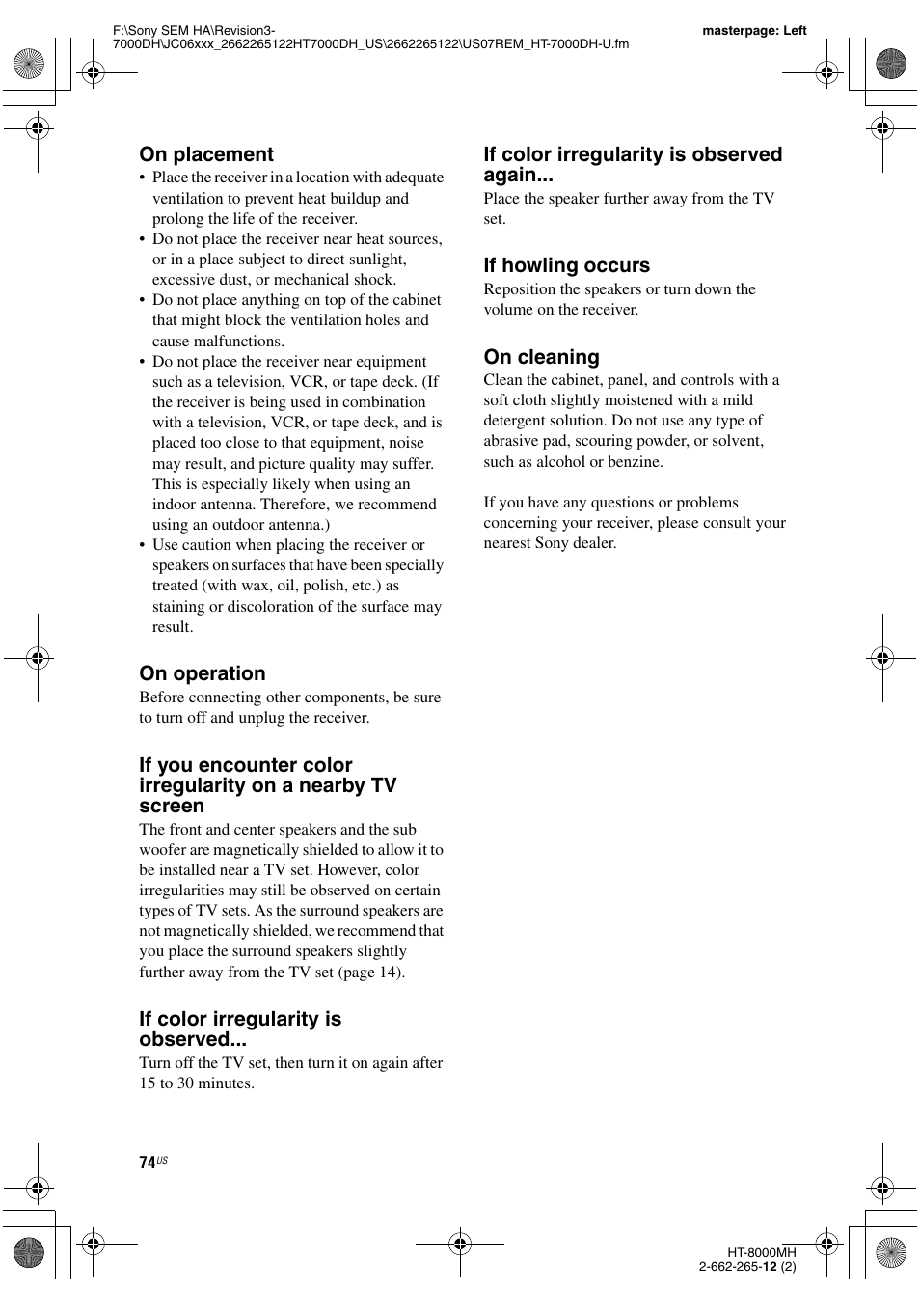 On placement, On operation, If color irregularity is observed | If color irregularity is observed again, If howling occurs, On cleaning | Sony HT-7000DH User Manual | Page 74 / 84