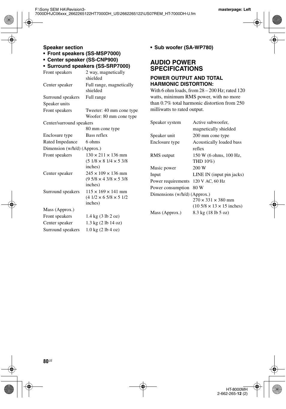 Audio power specifications | Sony HT-7000DH User Manual | Page 80 / 84