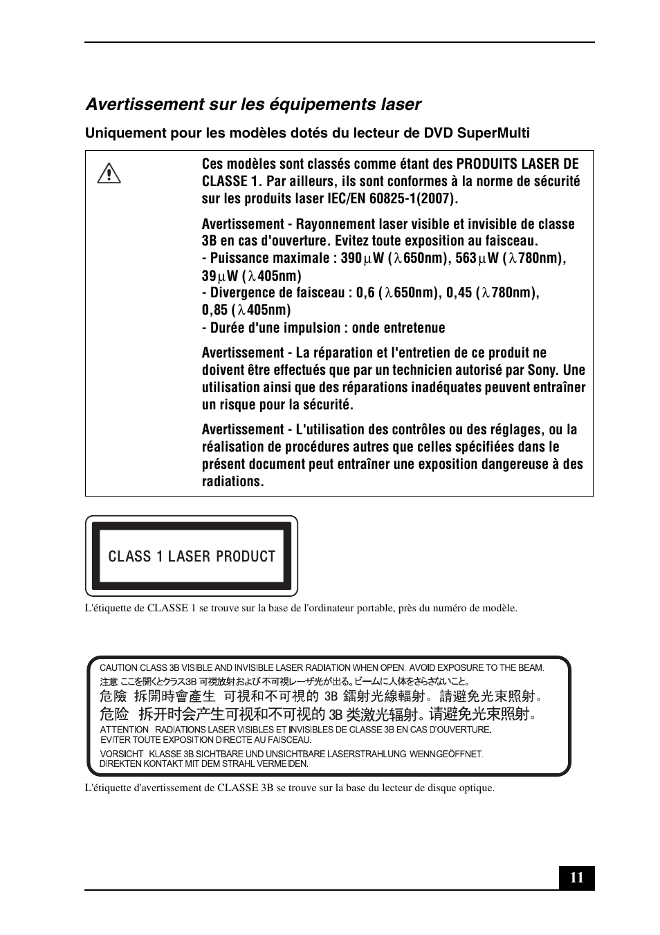 Avertissement sur les équipements laser | Sony VPCSB190X User Manual | Page 11 / 36