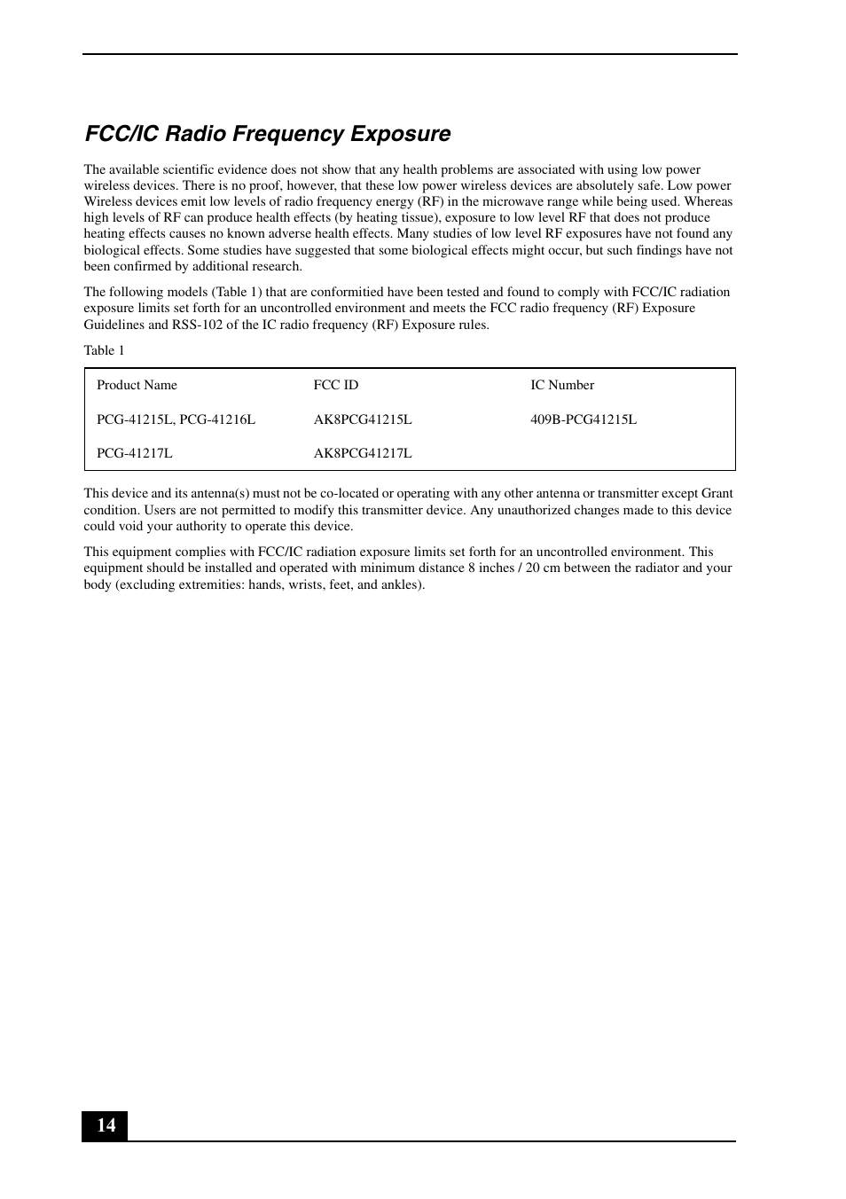 Fcc/ic radio frequency exposure | Sony VPCSB190X User Manual | Page 14 / 36