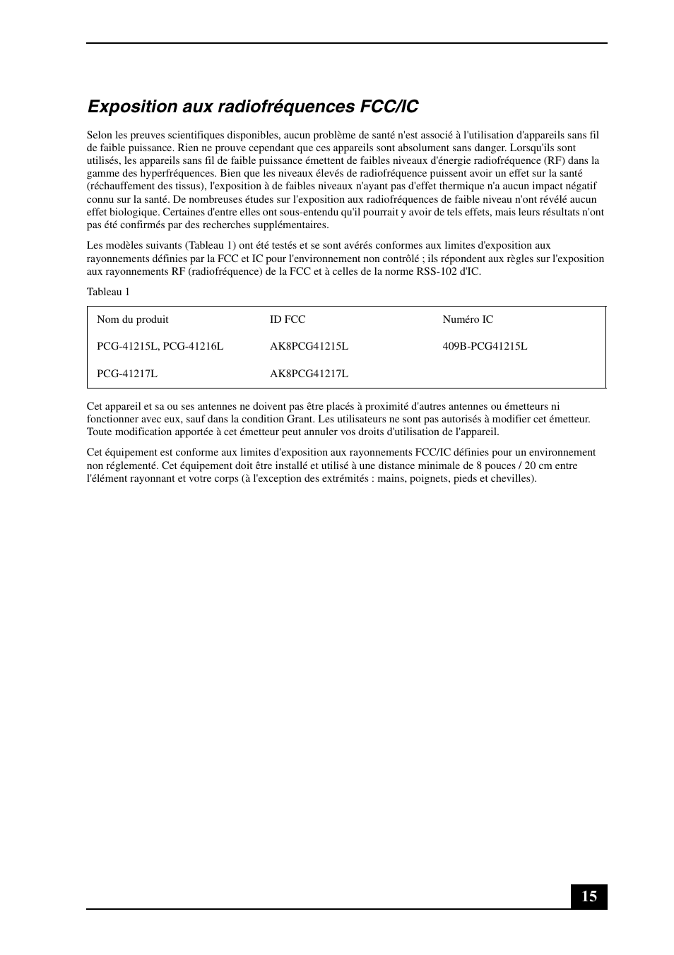 Exposition aux radiofréquences fcc/ic | Sony VPCSB190X User Manual | Page 15 / 36