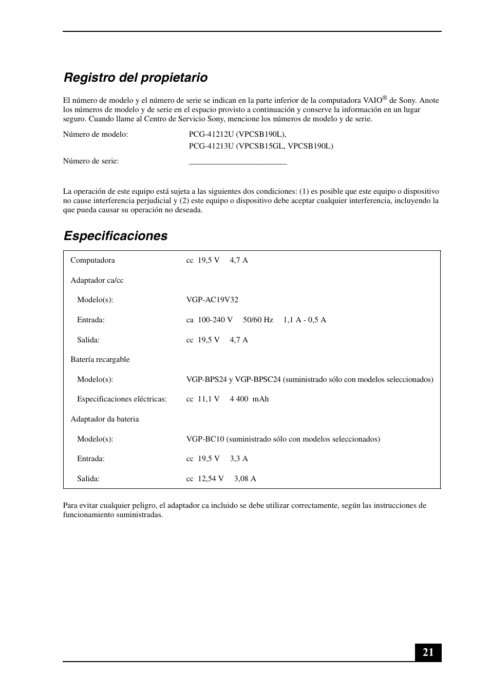 Registro del propietario, Especificaciones | Sony VPCSB190X User Manual | Page 21 / 36