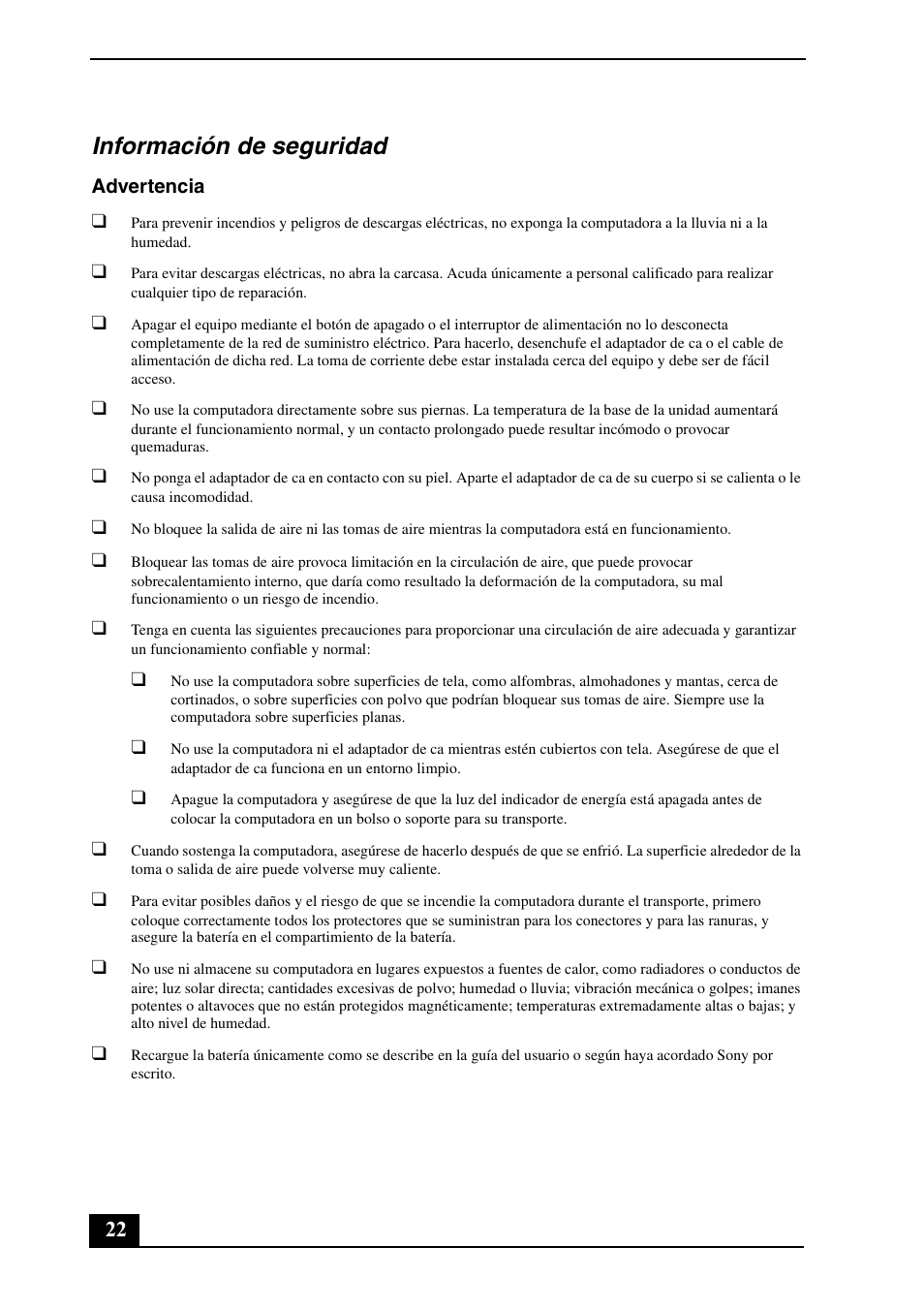 Información de seguridad | Sony VPCSB190X User Manual | Page 22 / 36