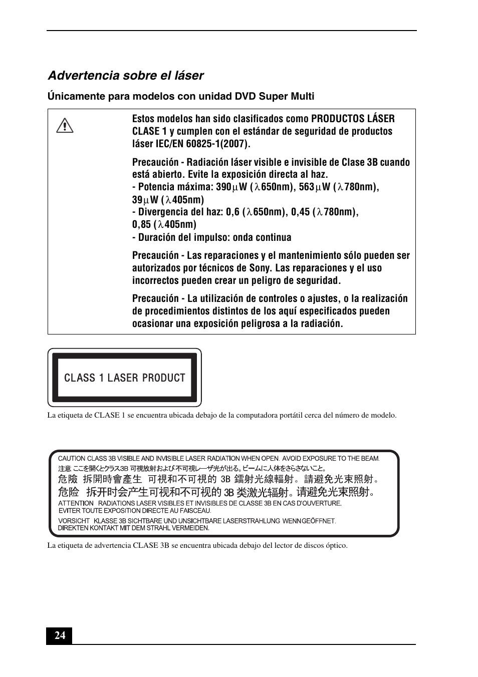 Advertencia sobre el láser | Sony VPCSB190X User Manual | Page 24 / 36