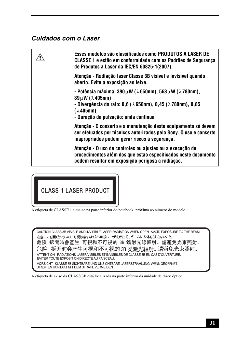 Cuidados com o laser | Sony VPCSB190X User Manual | Page 31 / 36