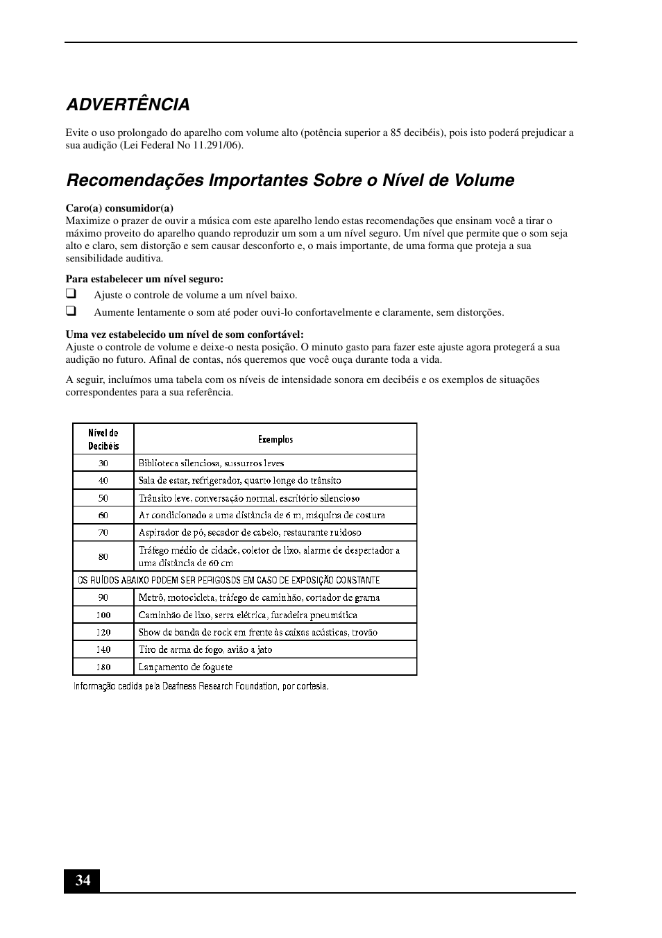 Advertência, Recomendações importantes sobre o nível de volume | Sony VPCSB190X User Manual | Page 34 / 36