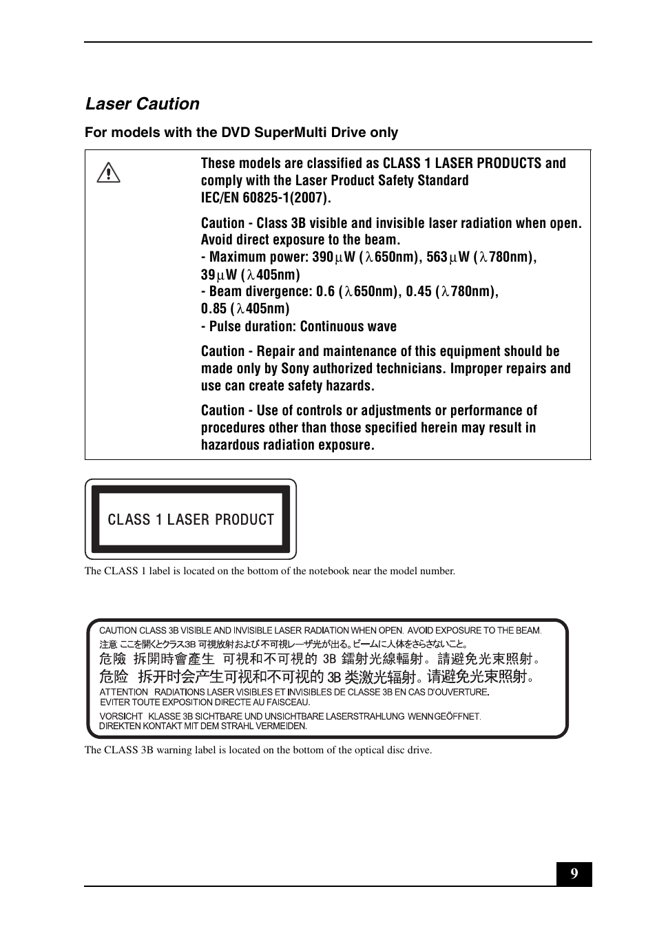 Laser caution | Sony VPCSB190X User Manual | Page 9 / 36