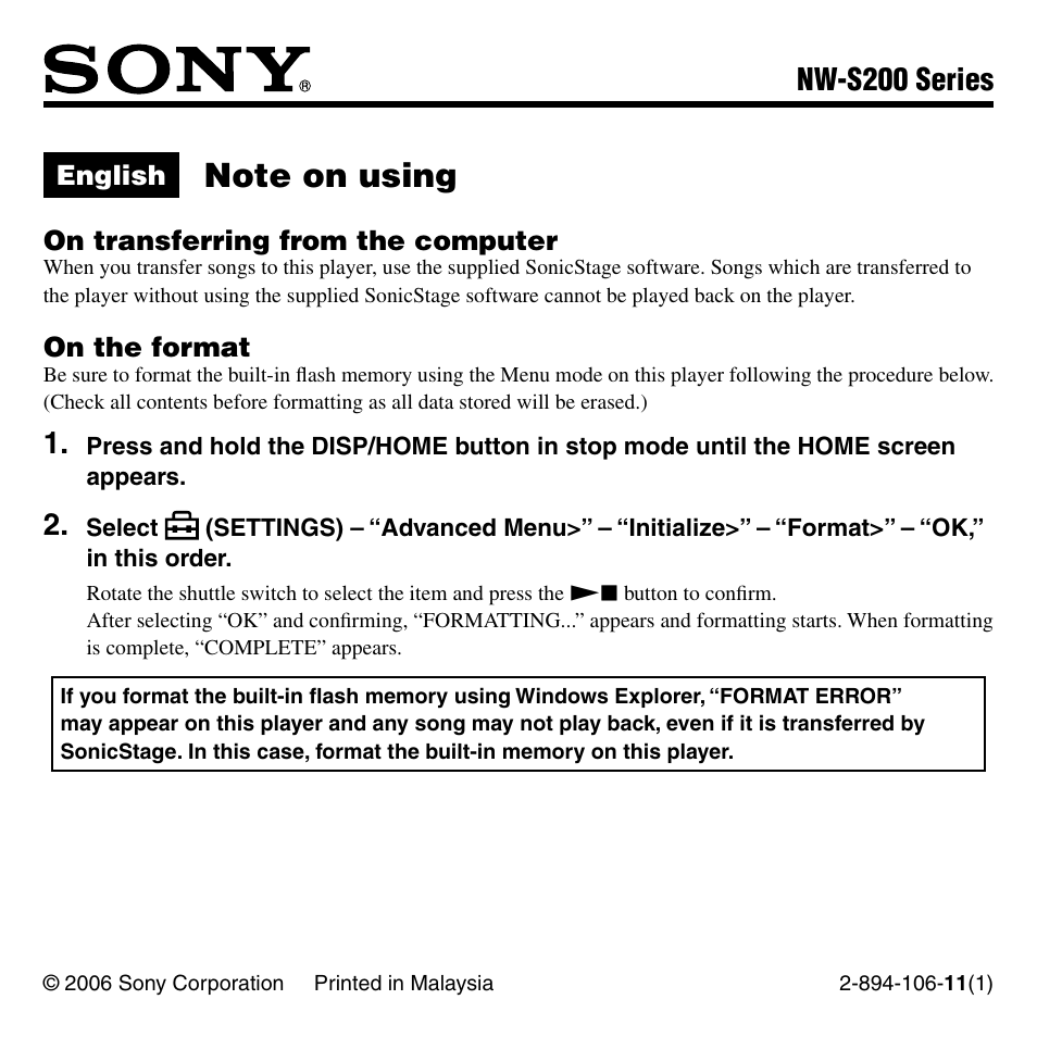 Sony NW-S205FBLACK User Manual | 4 pages